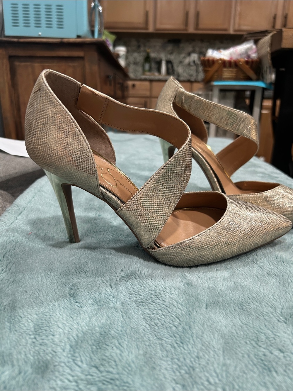 Jessica Simpson Metallic Gold Pointed-Toe Ankle-Strap Heels